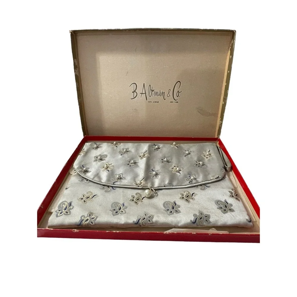 NOS Beaded Clutch Purse Hand Bag In Original Gift‎ Box Faux Pearl Floral READ